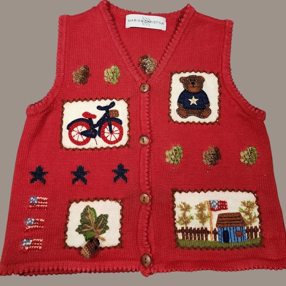 Marisa Christina Red Patriotic Teddy Bear Bicycle USA Flag Knit Vest Womens‎ PXS